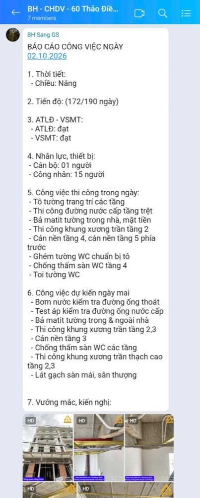 Báo cáo công việc ngày gửi qua nhóm Zalo công trình, kèm hình ảnh kiểm tra tại hiện trường