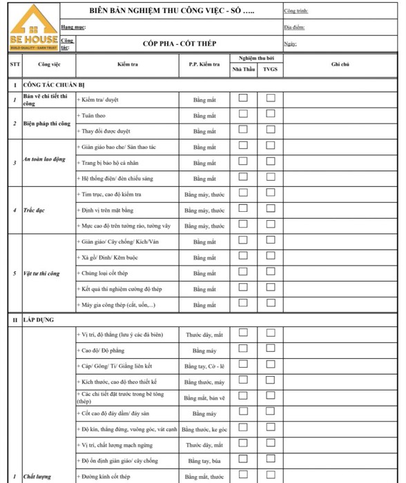Biên bản nghiệm thu và checklist kiểm tra của BeHouse